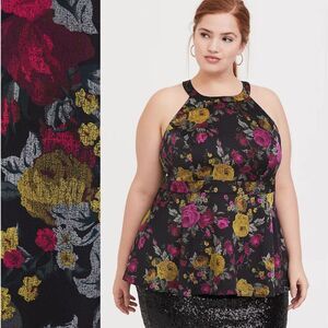 Torrid Black Floral Jacquard Satin Peplum Keyhole Top, Size 0 / Large